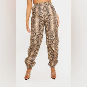 PRETTYLITTLETHING Snake Print Pocket Detail Cargo Pants in‎ Taupe